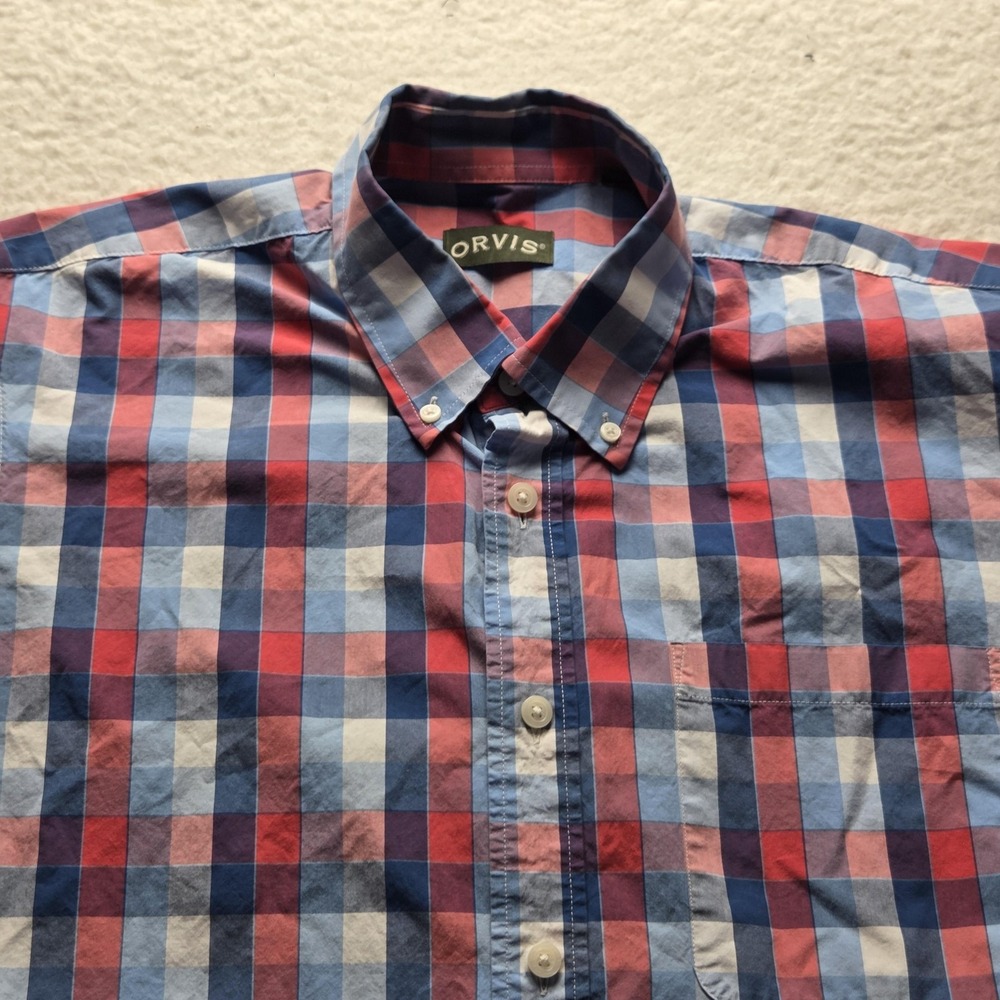 Orvis Shirt Mens Large Blue Red Plaid Short Sleeve Cotton Button-Up Casual